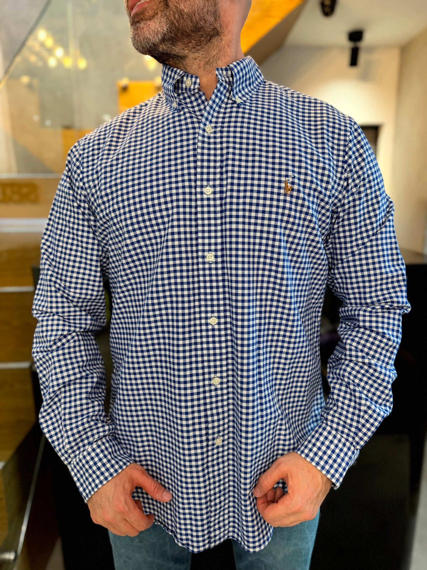 Camisa Polo R.L hombre Oxford Cuadros Azules Con Blanco Caballo Multicolor