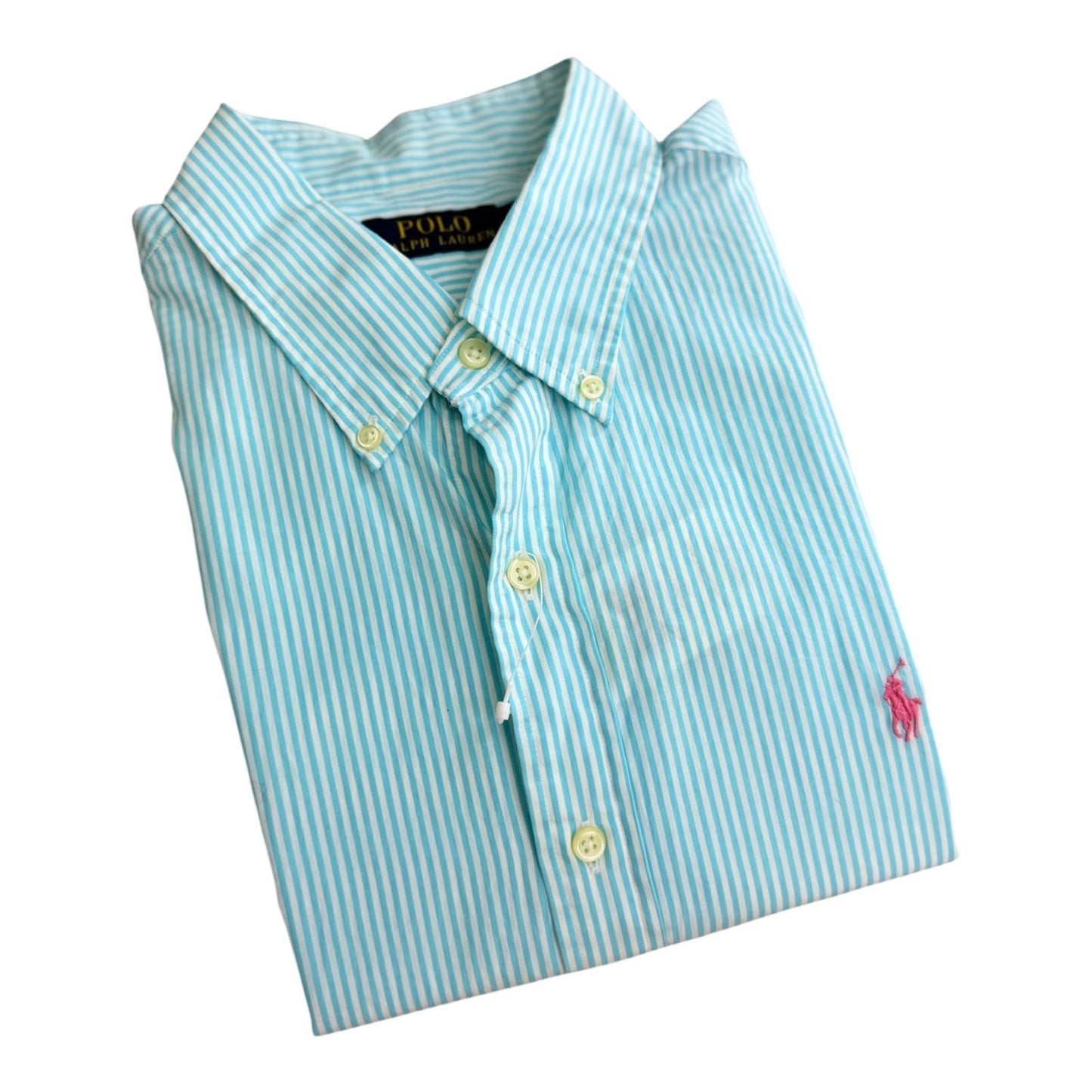 Camisa Polo R.L hombre Algodón Rayas Celestes Con Blanco Caballo Fucsia