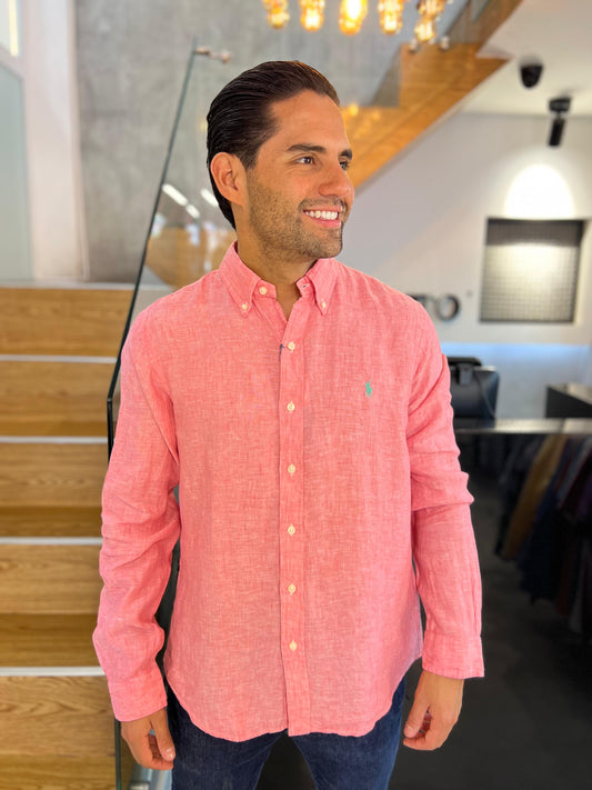 Camisa Polo R.L hombre Rosada Lino