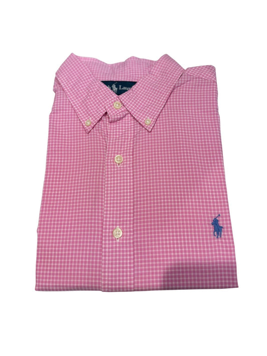 Camisa Polo R.L hombre Algodón Cuadros Rosados Caballo Celeste