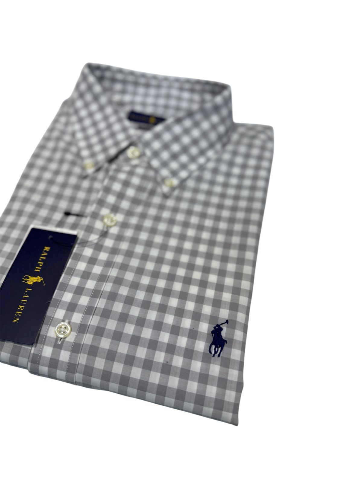 Camisa Polo R.L hombre Algodón Cuadros Grises Caballo Azul