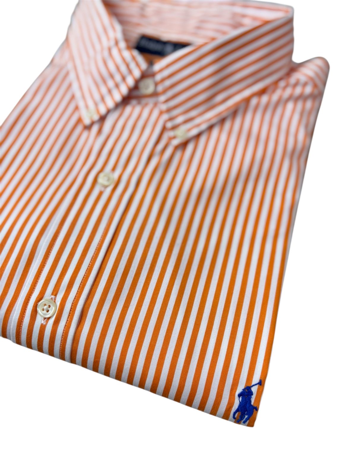 Camisa Polo R.L hombre Algodón Rayas Naranjas Caballo Azul