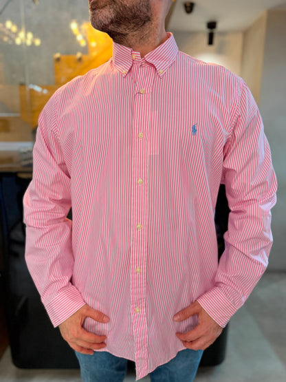 Camisa Polo R.L hombre Algodón Rayas Rosadas Con Blanco Caballo Celeste