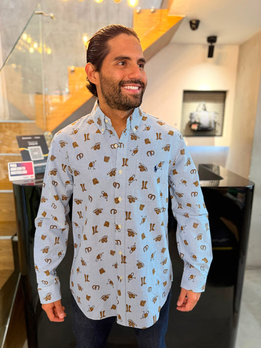 Camisa Polo R.L hombre Oxford Celeste Estampado Bolsillo Caballo Azul