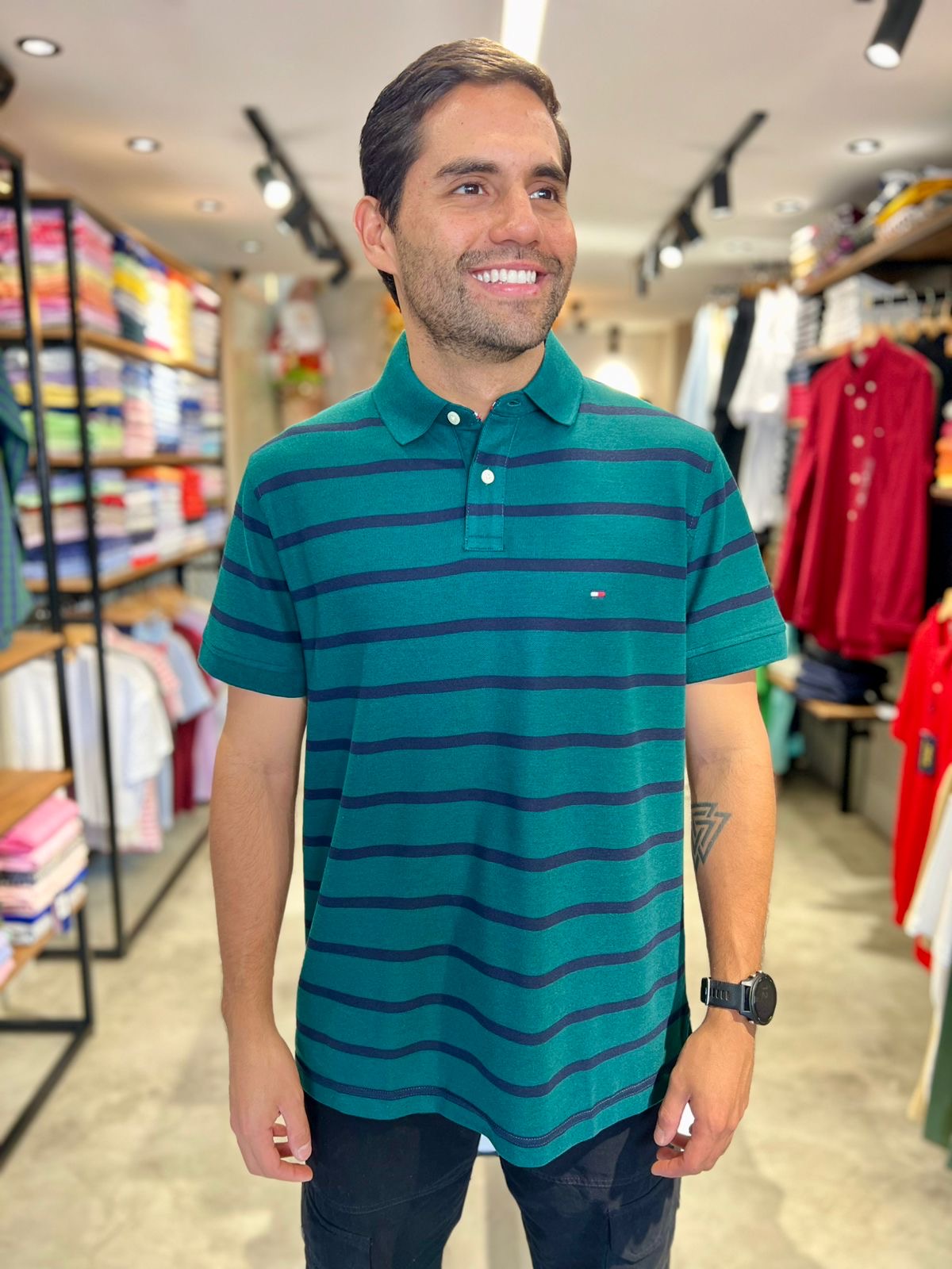 Polo Tommy Hilfiger Hombre Verde Lineas