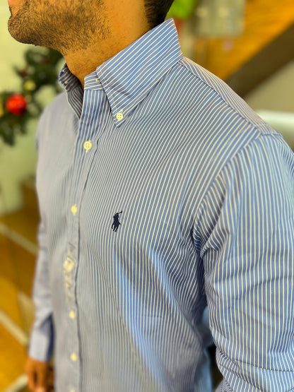 Camisa Polo R.L hombre Algodón Rayas Azules Caballo Azul