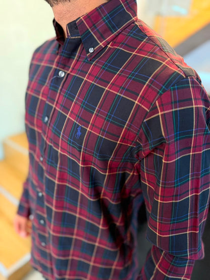 Camisa Polo R.L hombre Algodón Cuadros Vino Tinto Con Negro Caballo Azul