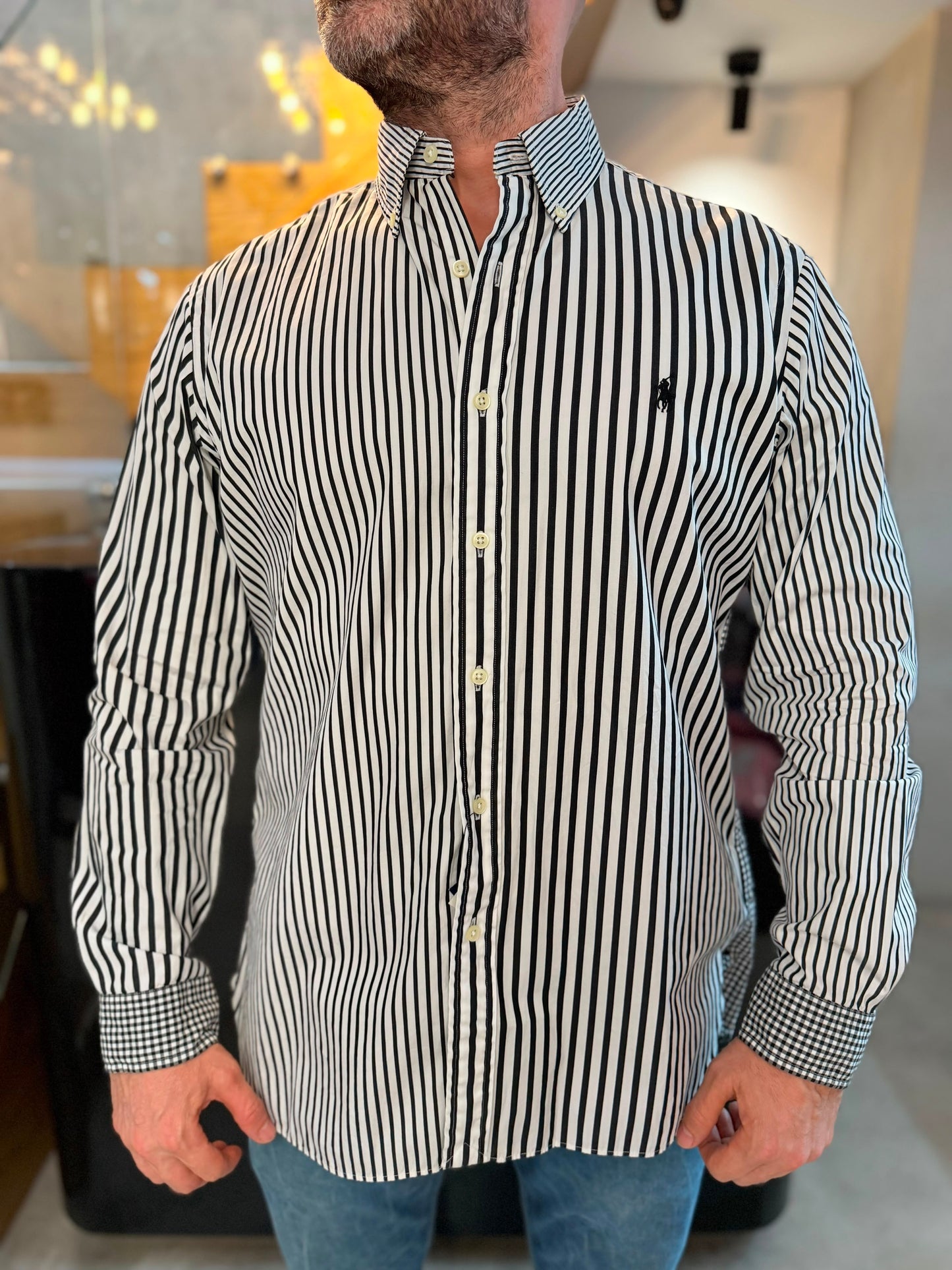 Camisa Polo R.L hombre Algodón Rayas Y Cuadros Negros Con Blanco Caballo Negro