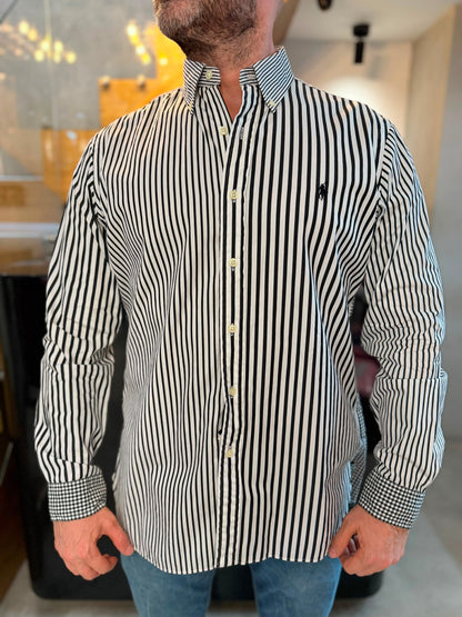 Camisa Polo R.L hombre Algodón Rayas Y Cuadros Negros Con Blanco Caballo Negro