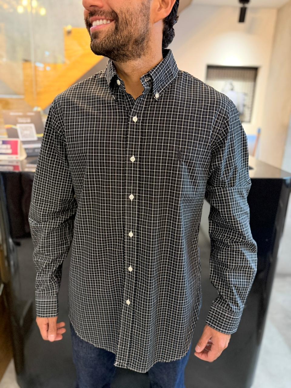 Camisa Polo R.L hombre Algodón Cuadros Negros Caballo Negro