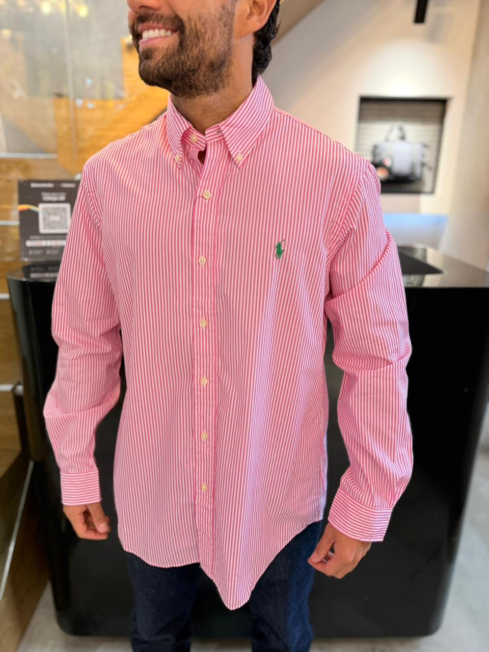 Camisa Polo R.L hombre Algodón Rayas Rosadas Caballo Verde