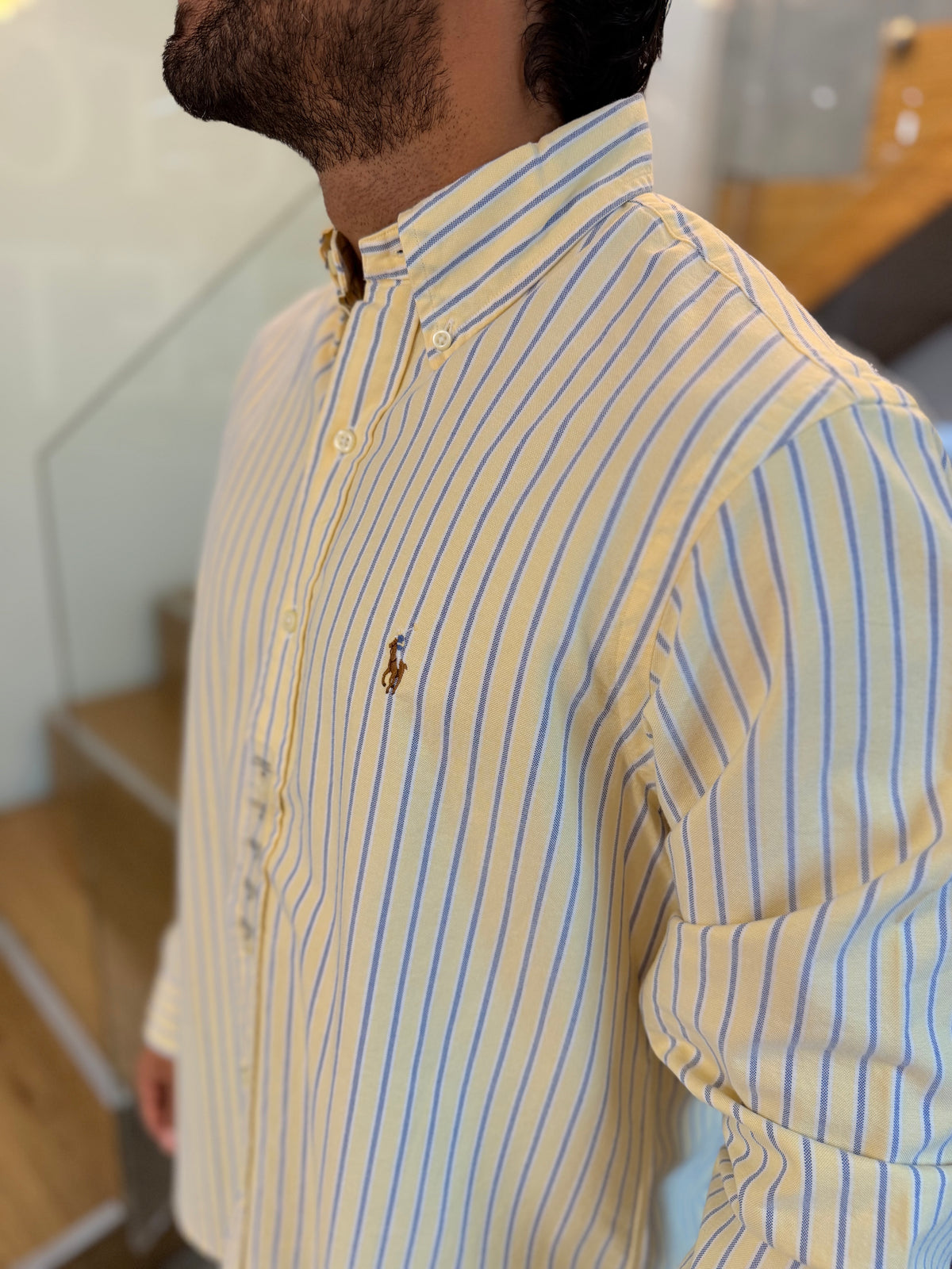 Camisa Polo R.L hombre Oxford Rayas Amarillas con Azul Caballo Multicolor