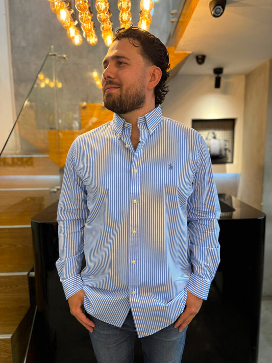 Camisa Polo R.L hombre Algodón Rayas Celestes Caballo Celeste