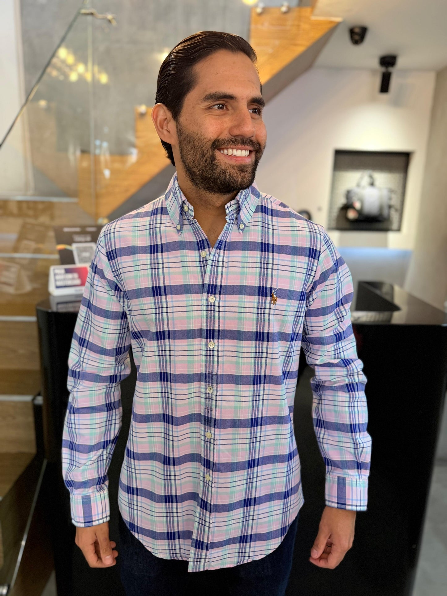 Camisa Polo R.L hombre Oxford Cuadros Rosados Con Azul Caballo Multicolor