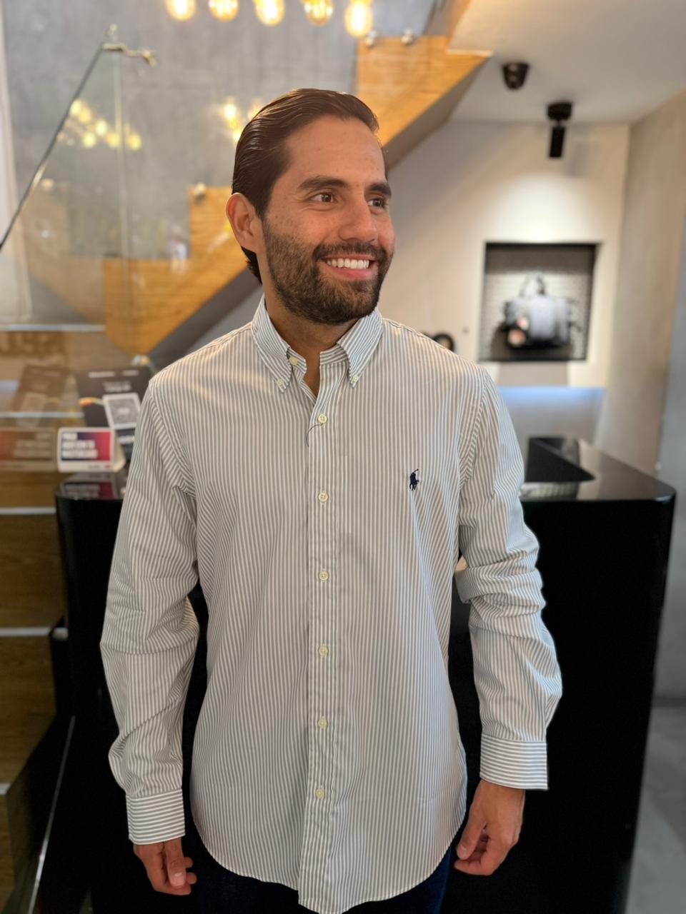 Camisa Polo R.L hombre Custom Fit Algodón Rayas Grises Con Blanco Caballo Azul