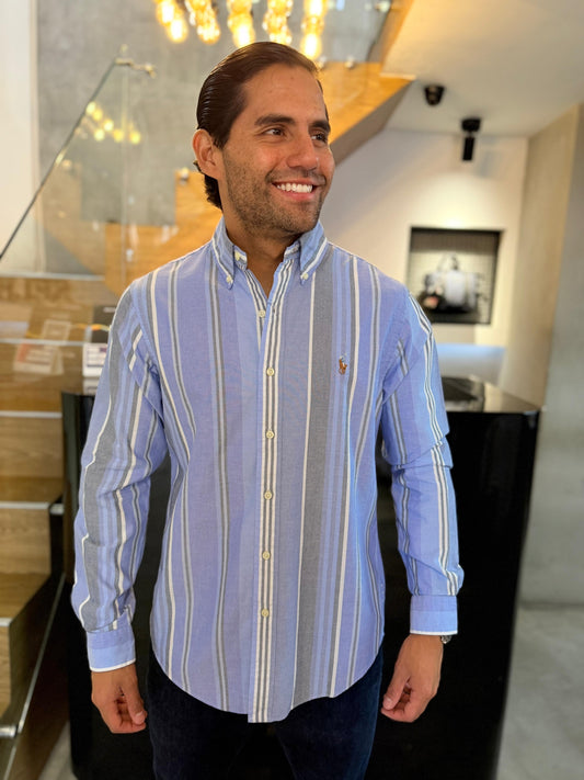 Camisa Polo R.L hombre Oxford Rayas Azules Caballo Multicolor