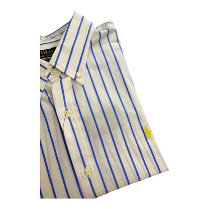 Camisa Polo R.L hombre Algodón Blanca Rayas Azules Caballo Amarillo