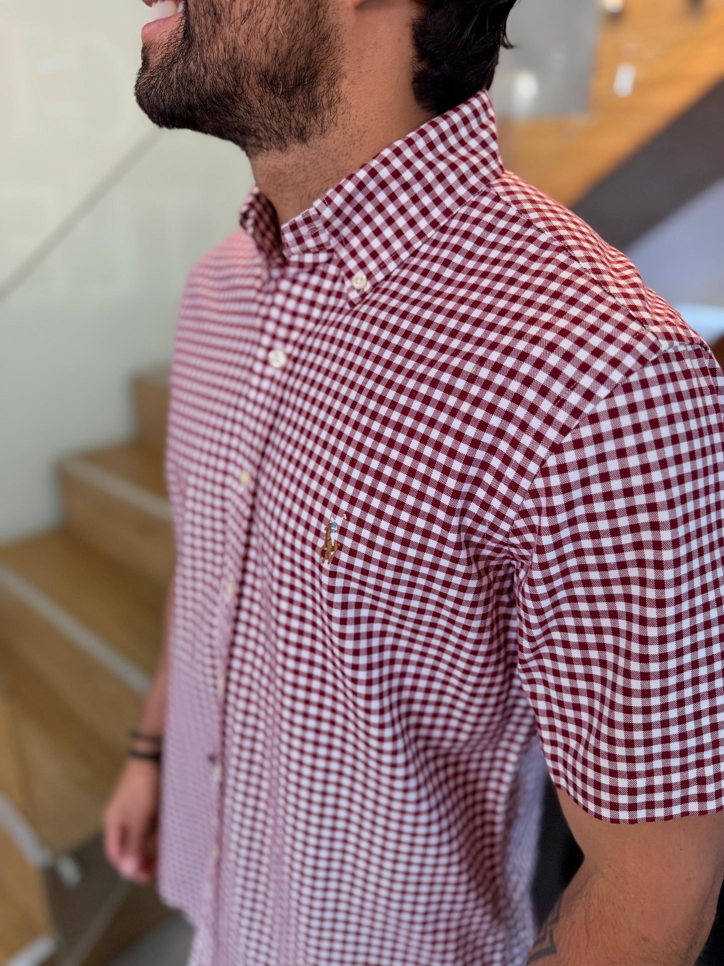 Camisa Polo R.L hombre Manga Corta Oxford Cuadros Vinotinto Con Blanco Caballo Multicolor
