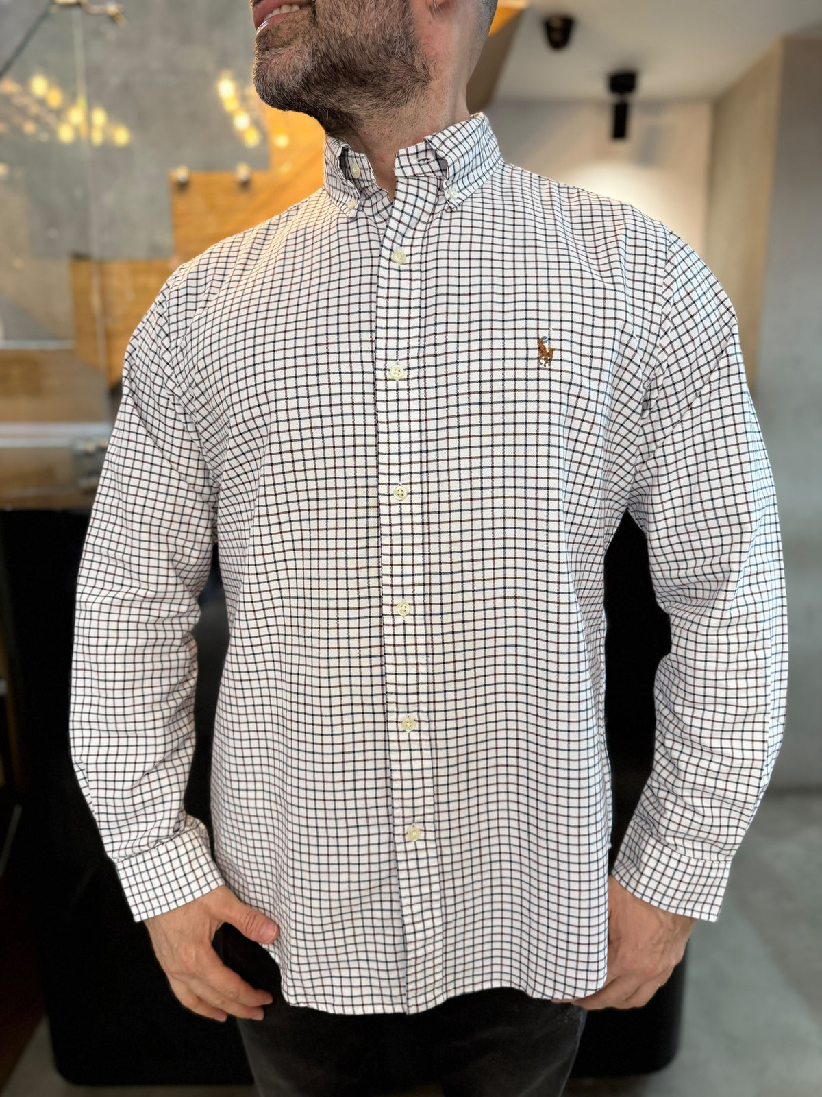 Camisa Polo R.L hombre Oxford Cuadros Blancos Con Rojo Caballo Multicolor