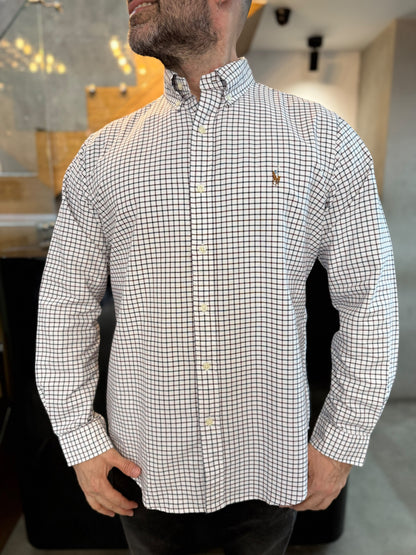 Camisa Polo R.L hombre Oxford Cuadros Blancos Con Rojo Caballo Multicolor