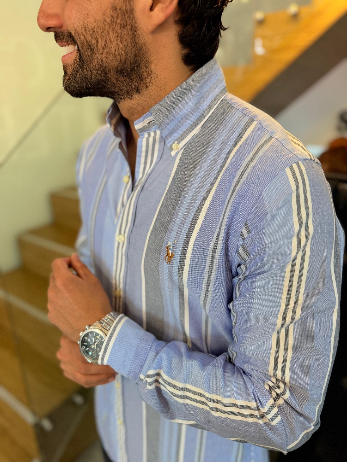 Camisa Polo R.L hombre Oxford Rayas Azules Con Blanco Caballo Multicolor