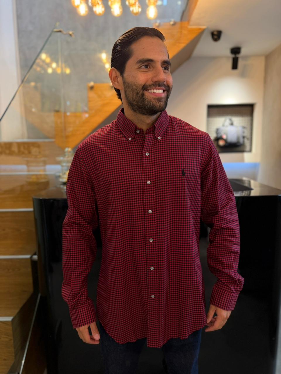Camisa Polo R.L hombre Algodón Cuadros Rojos Con Negro Caballo Negro