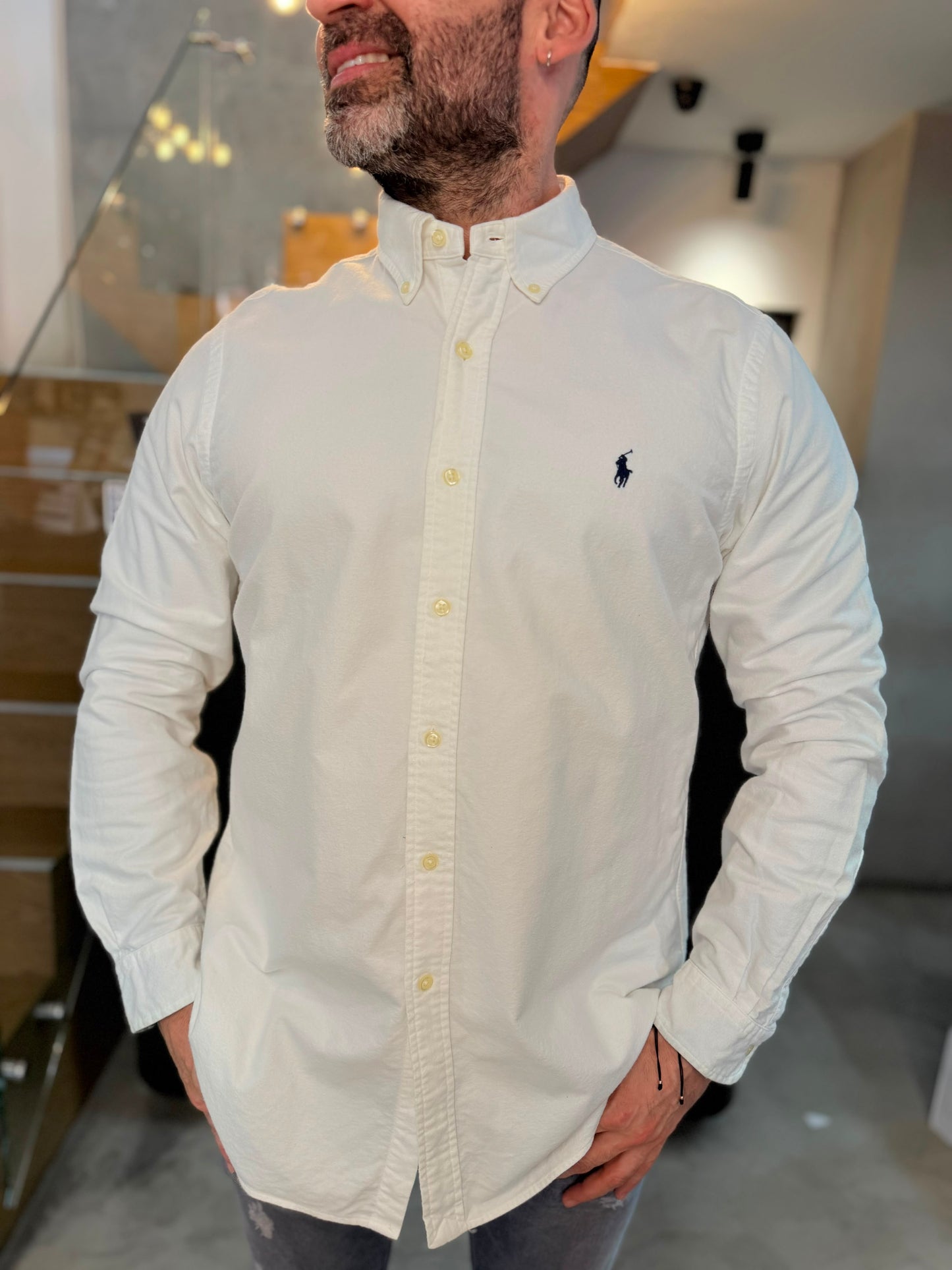 Camisa Polo R.L hombre Algodón Grueso Blanca Caballo Azul