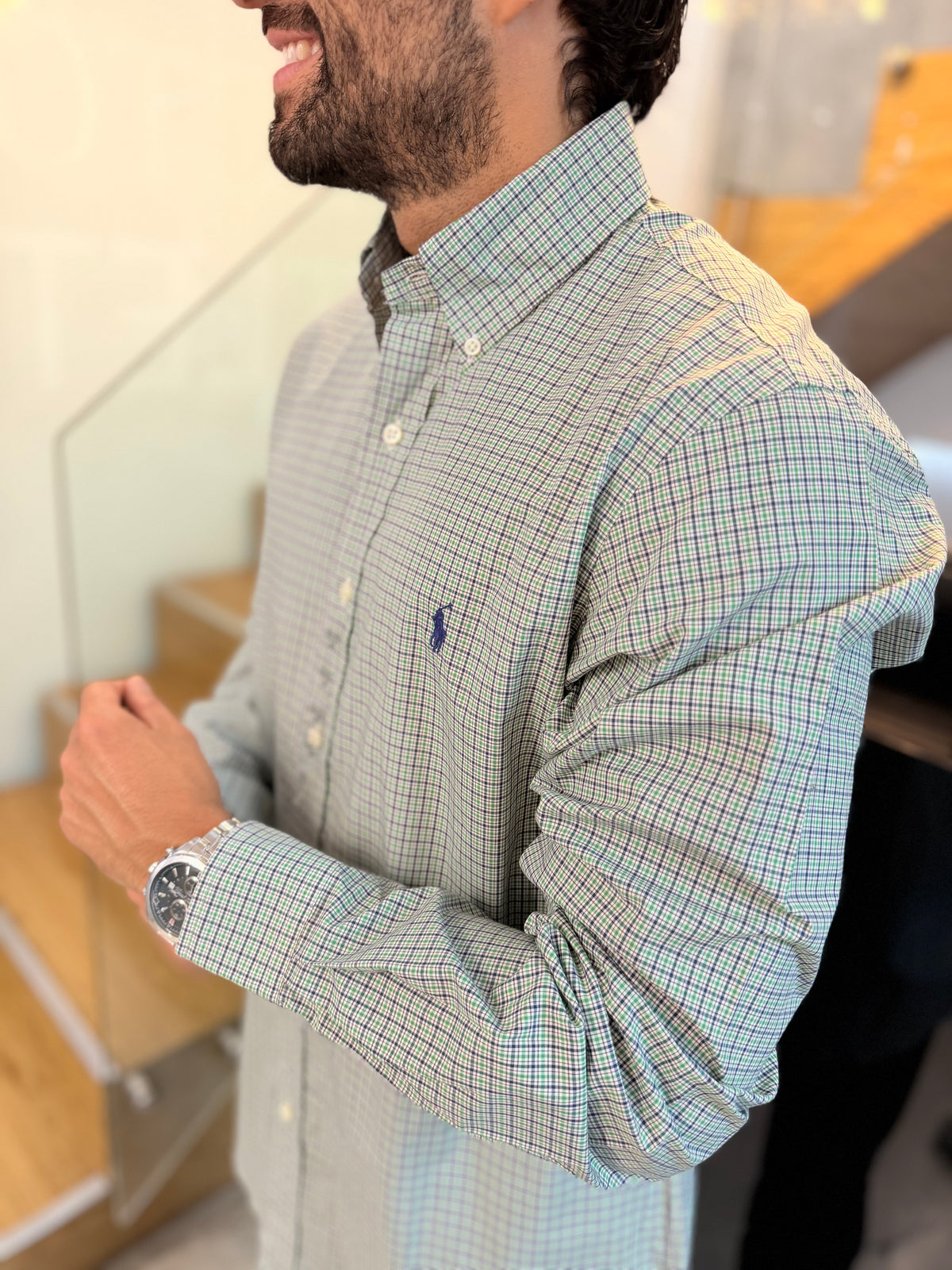 Camisa Polo R.L hombre Algodón Cuadros Caballo Azul