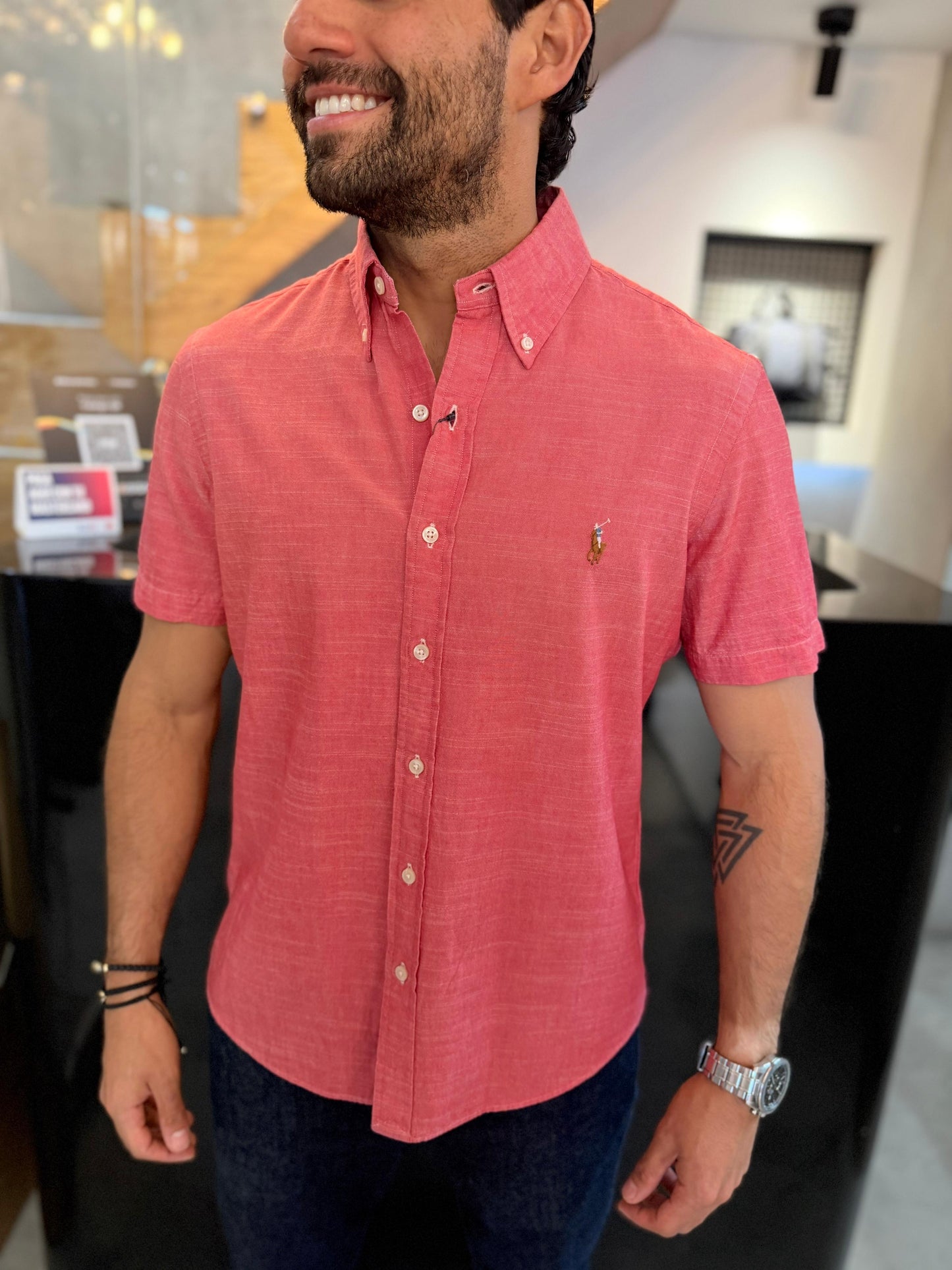Camisa Polo R.L hombre Manga Corta Lino Coral Caballo Multicolor