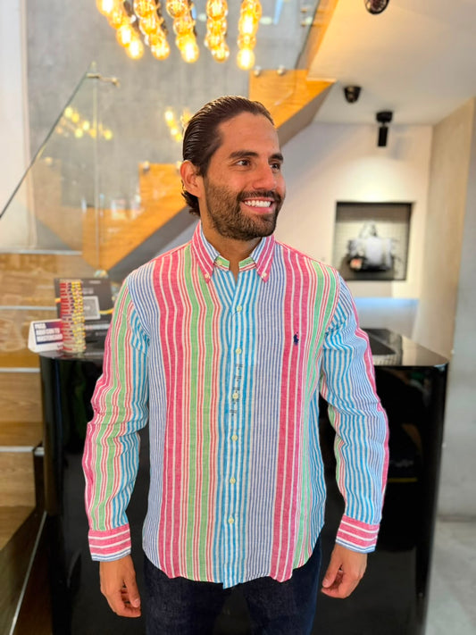 Camisa Polo R.L hombre Lino Rayas Colores Caballo Azul