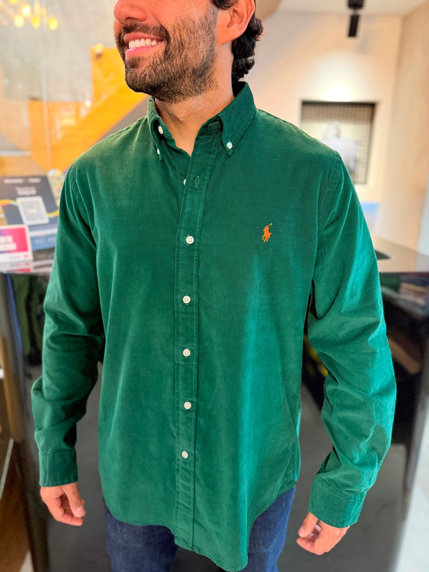 Camisa Polo R.L hombre Pana Verde Militar Caballo Naranja