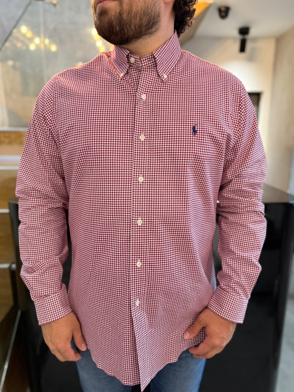 Camisa Polo R.L hombre Oxford Cuadros Vinotinto Caballo Azul