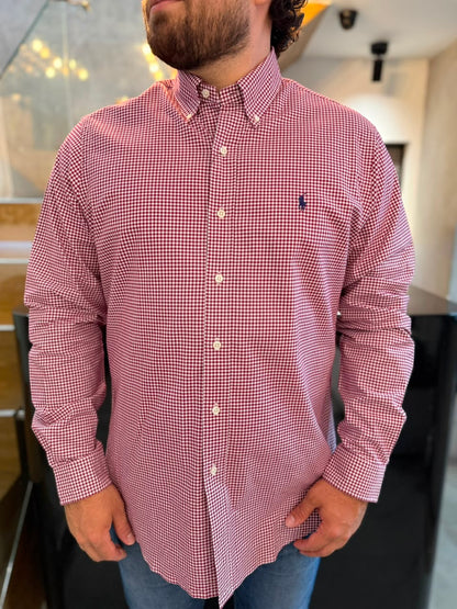 Camisa Polo R.L hombre Oxford Cuadros Vinotinto Caballo Azul