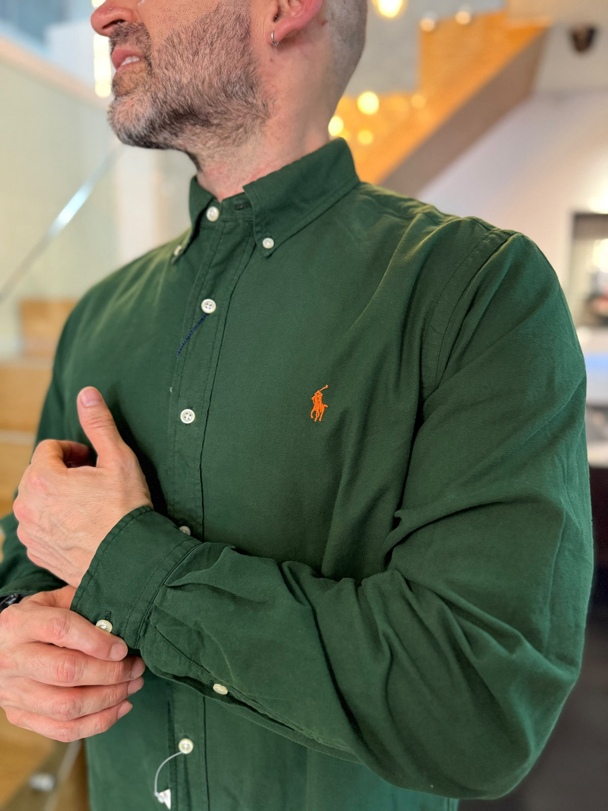 Camisa Polo R.L hombre Oxford Verde Militar Caballo Naranja
