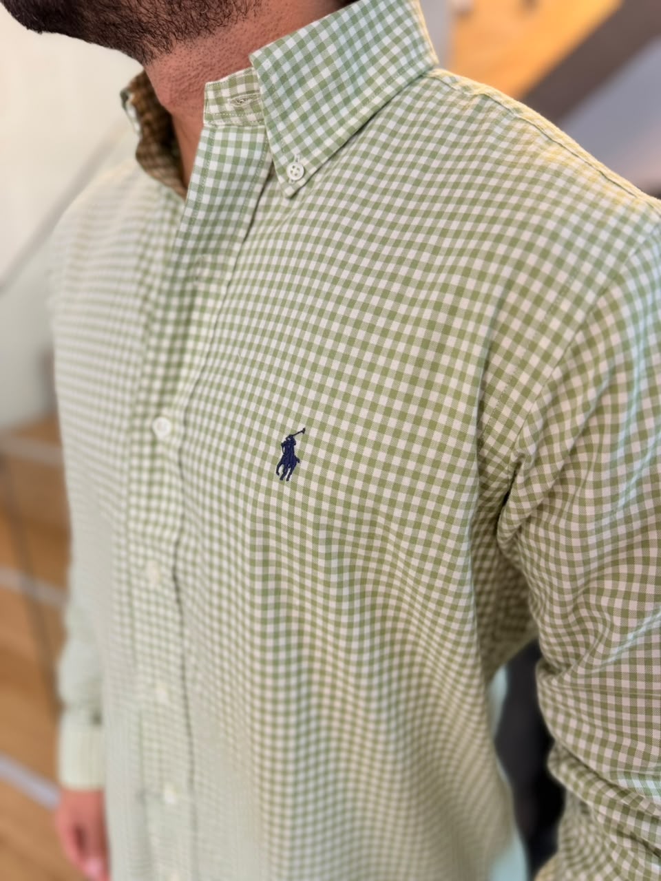 Camisa Polo R.L hombre Algodón Cuadros Verde Oliva Caballo Azul