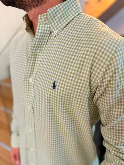 Camisa Polo R.L hombre Algodón Cuadros Verde Oliva Caballo Azul
