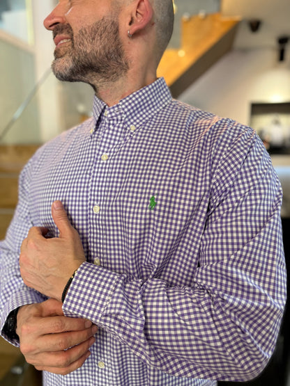 Camisa Polo R.L hombre Algodón Cuadros Morados Con Blanco Caballo Verde
