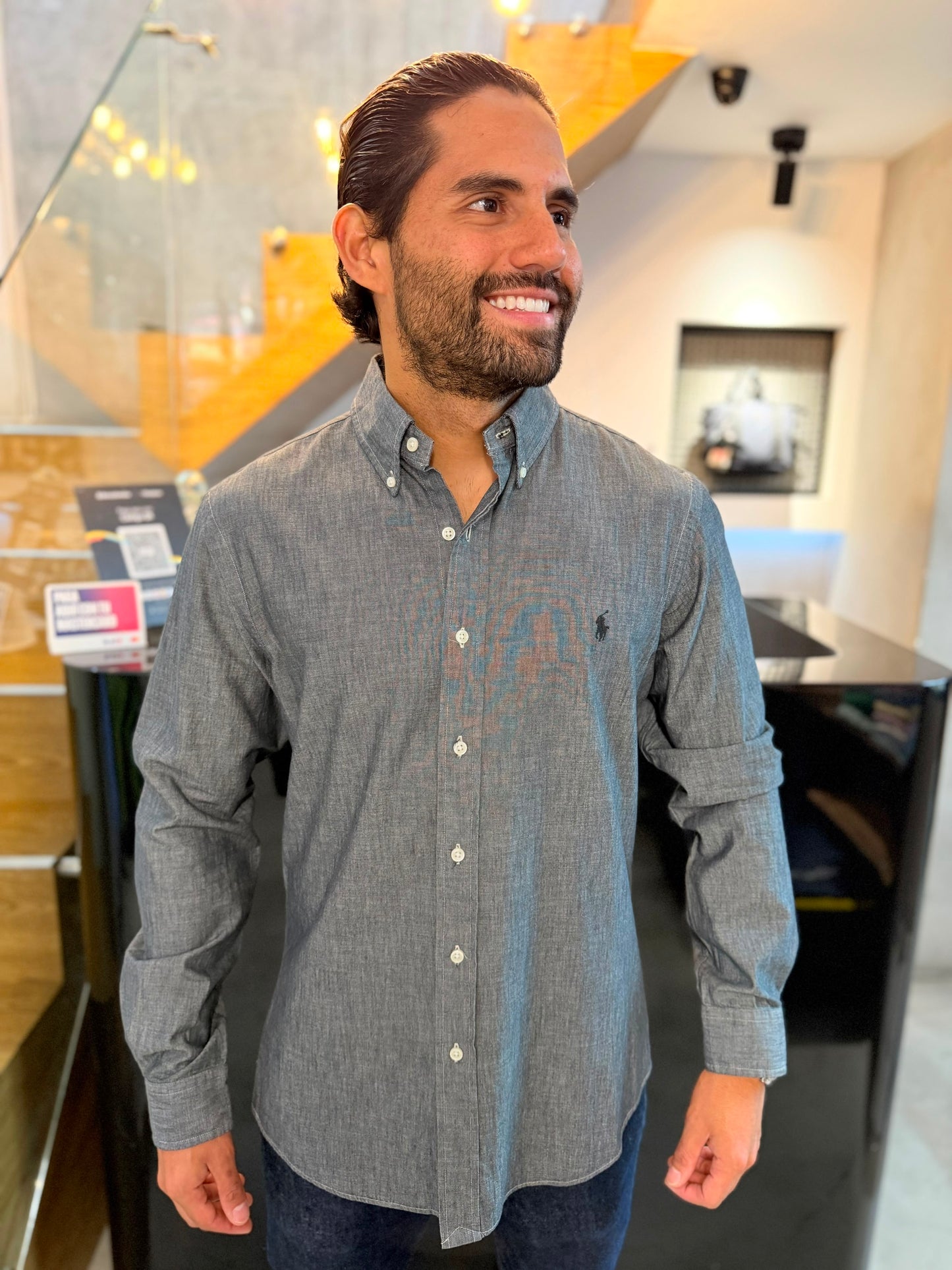 Camisa Polo R.L hombre Oxford Slim Fit Gris Tipo Jean Caballo Negro
