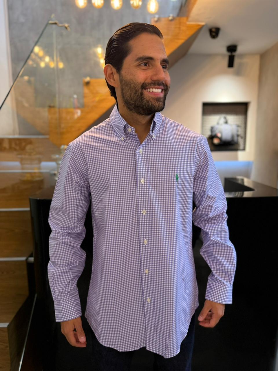 Camisa Polo R.L hombre Algodón Cuadros Morados Con Blanco Caballo Verde