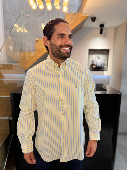 Camisa Polo R.L hombre Oxford Rayas Amarillas con Azul Caballo Multicolor