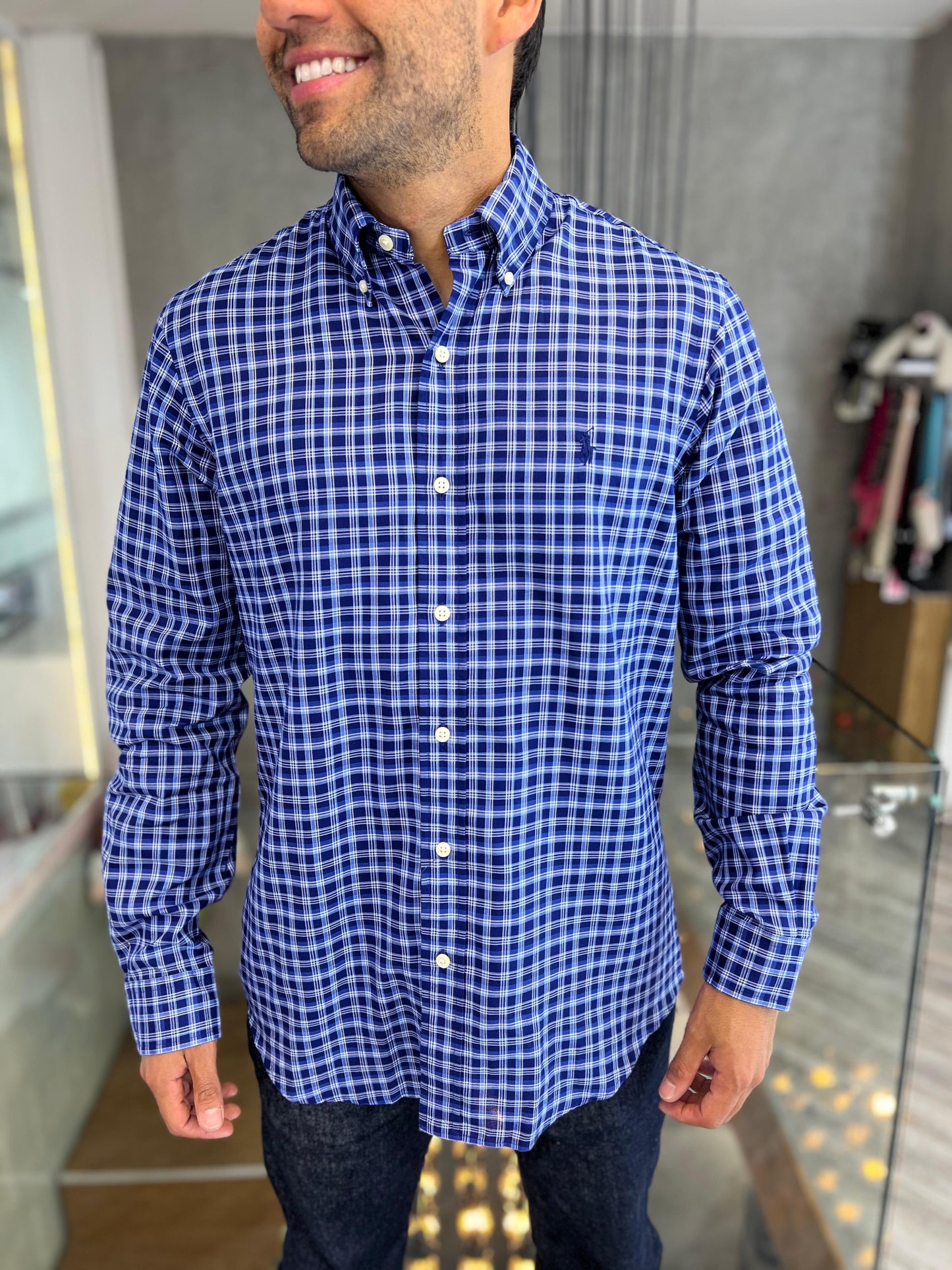 Camisa Polo R.L hombre Algodón Cuadros Azules Caballo Azul