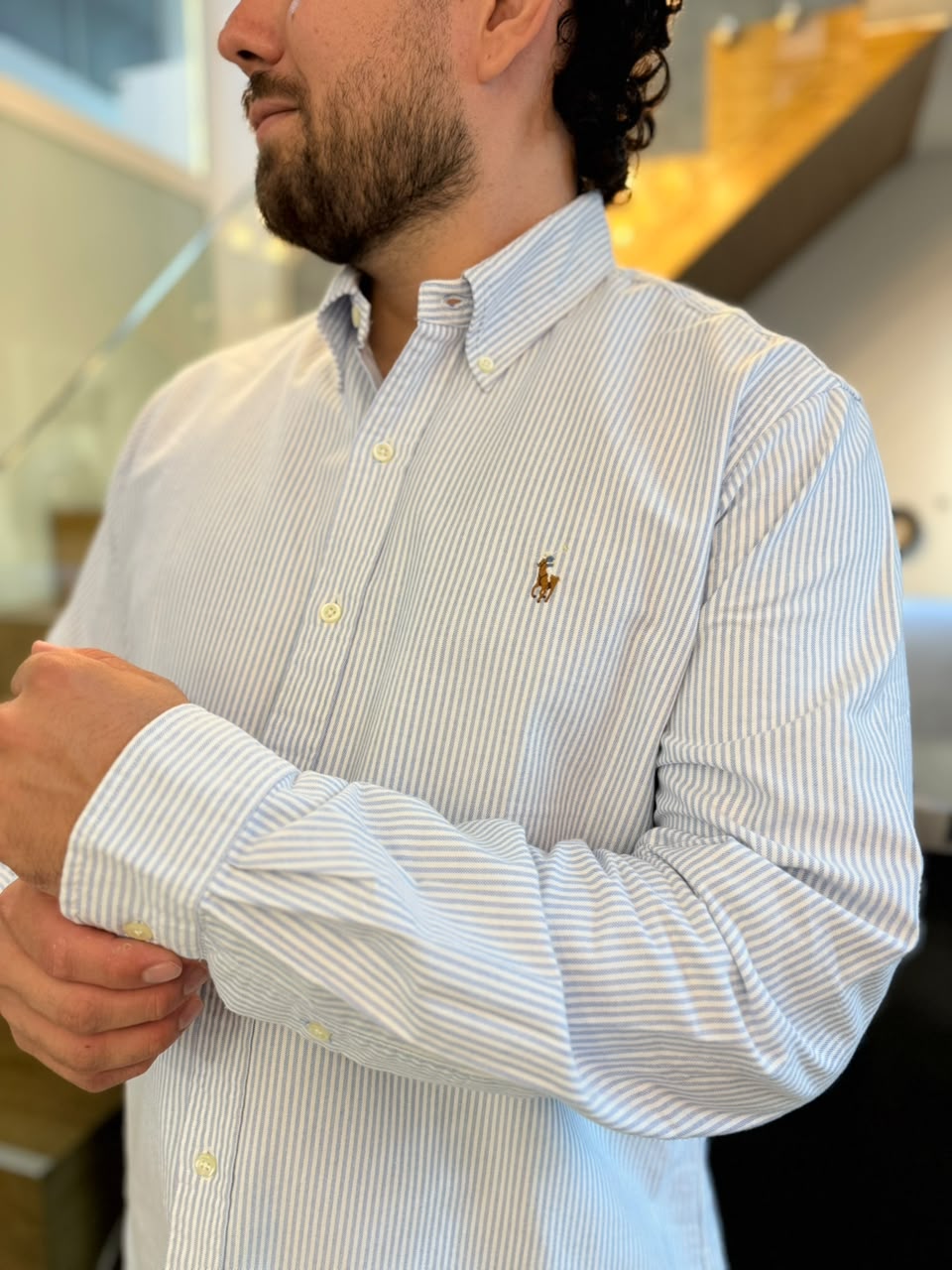 Camisa Polo R.L hombre Oxford Rayas Celestes Caballo Multicolor