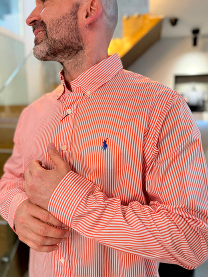 Camisa Polo R.L hombre Algodón Rayas Naranjas Con Blanco Caballo Azul