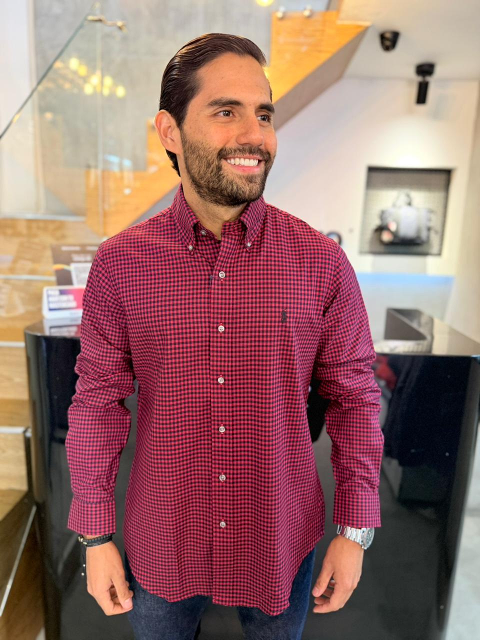 Camisa Polo R.L hombre Algodón Cuadros Rojos Con Negro Caballo Negro