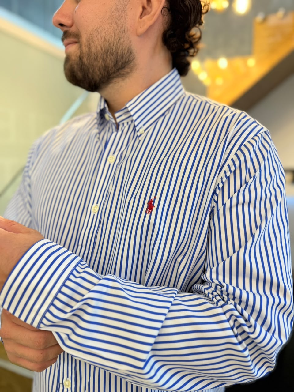 Camisa Polo R.L hombre Algodón Rayas Azules Caballo Rojo