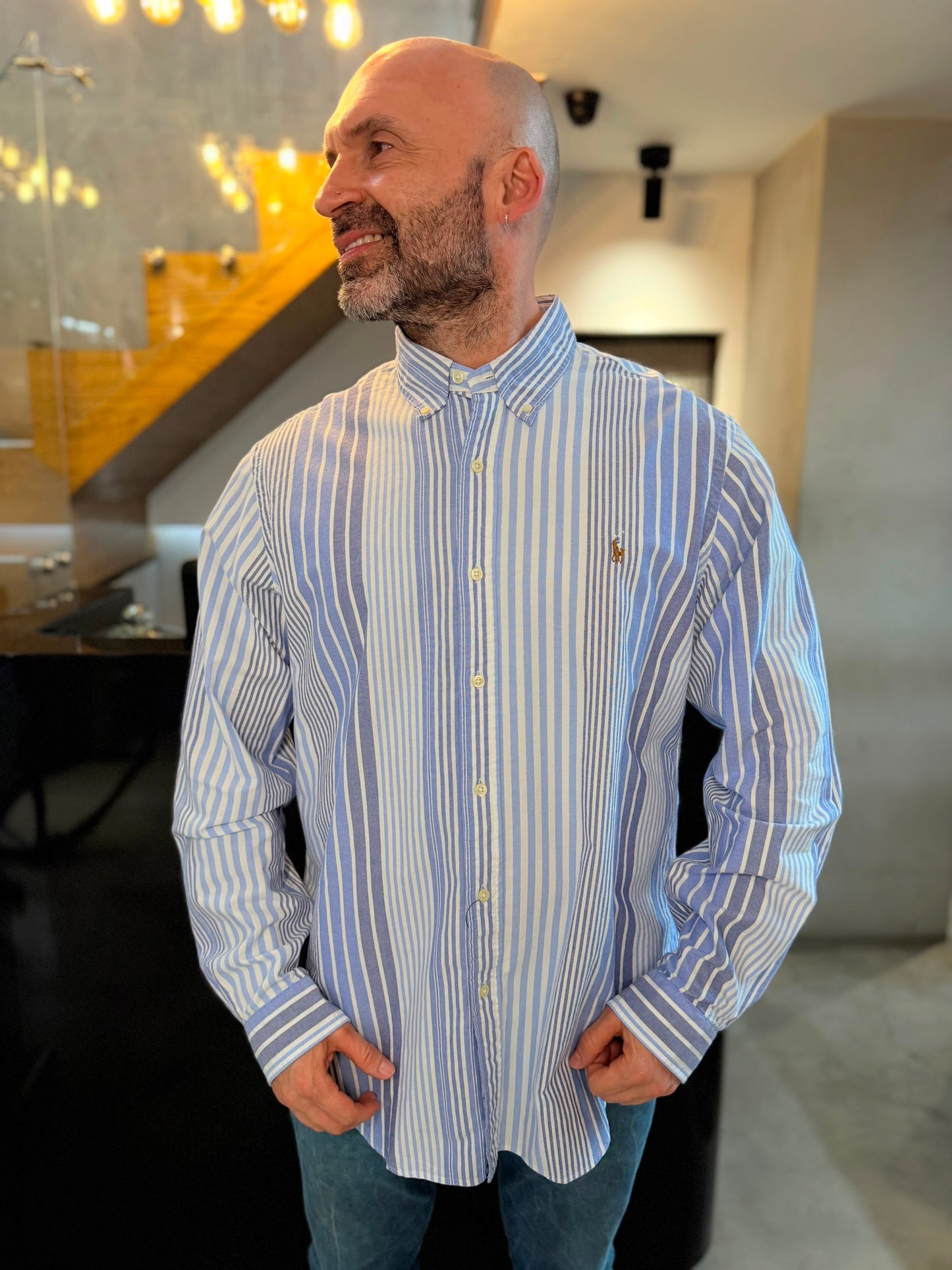Camisa Polo R.L hombre Oxford Rayas Azules Con Blanco Caballo Multicolor
