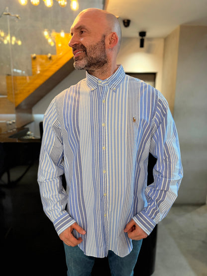 Camisa Polo R.L hombre Oxford Rayas Azules Con Blanco Caballo Multicolor