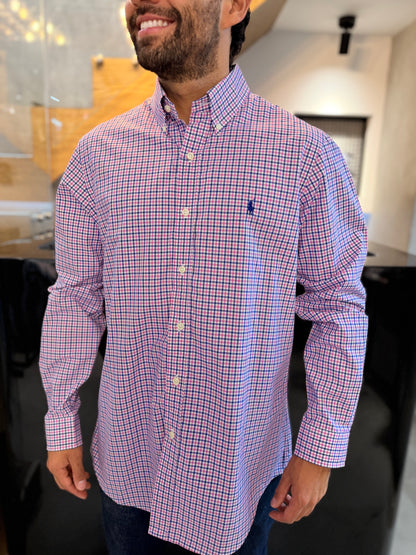 Camisa Polo R.L hombre Algodón Cuadros Lilas Con Azul Caballo Azul