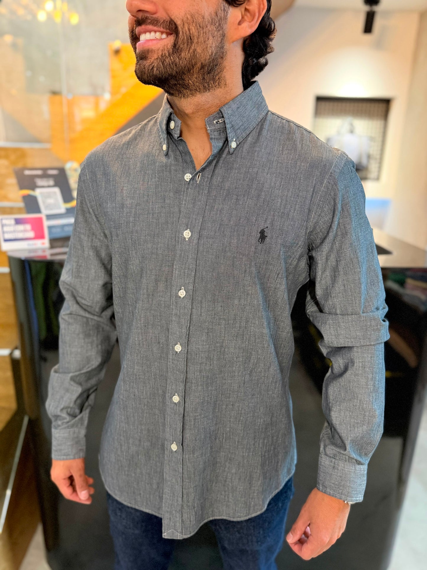 Camisa Polo R.L hombre Oxford Slim Fit Gris Tipo Jean Caballo Negro