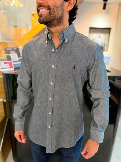 Camisa Polo R.L hombre Oxford Slim Fit Gris Tipo Jean Caballo Negro